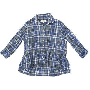 Trovata Birds of Paradis Plaid Button Peplum Blouse High‎ Low Blue Size S